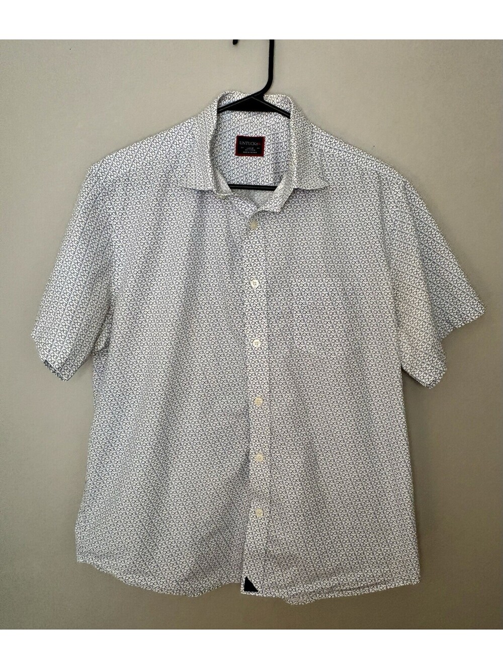 UNTUCKit Shirt Mens Large White Geo Barcolo Short Sleeve Button Front Slim
